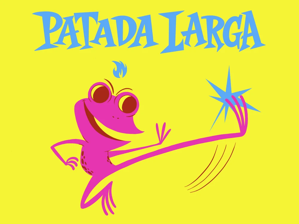 Patada Larga, logo original con rana magenta sobre amarillo